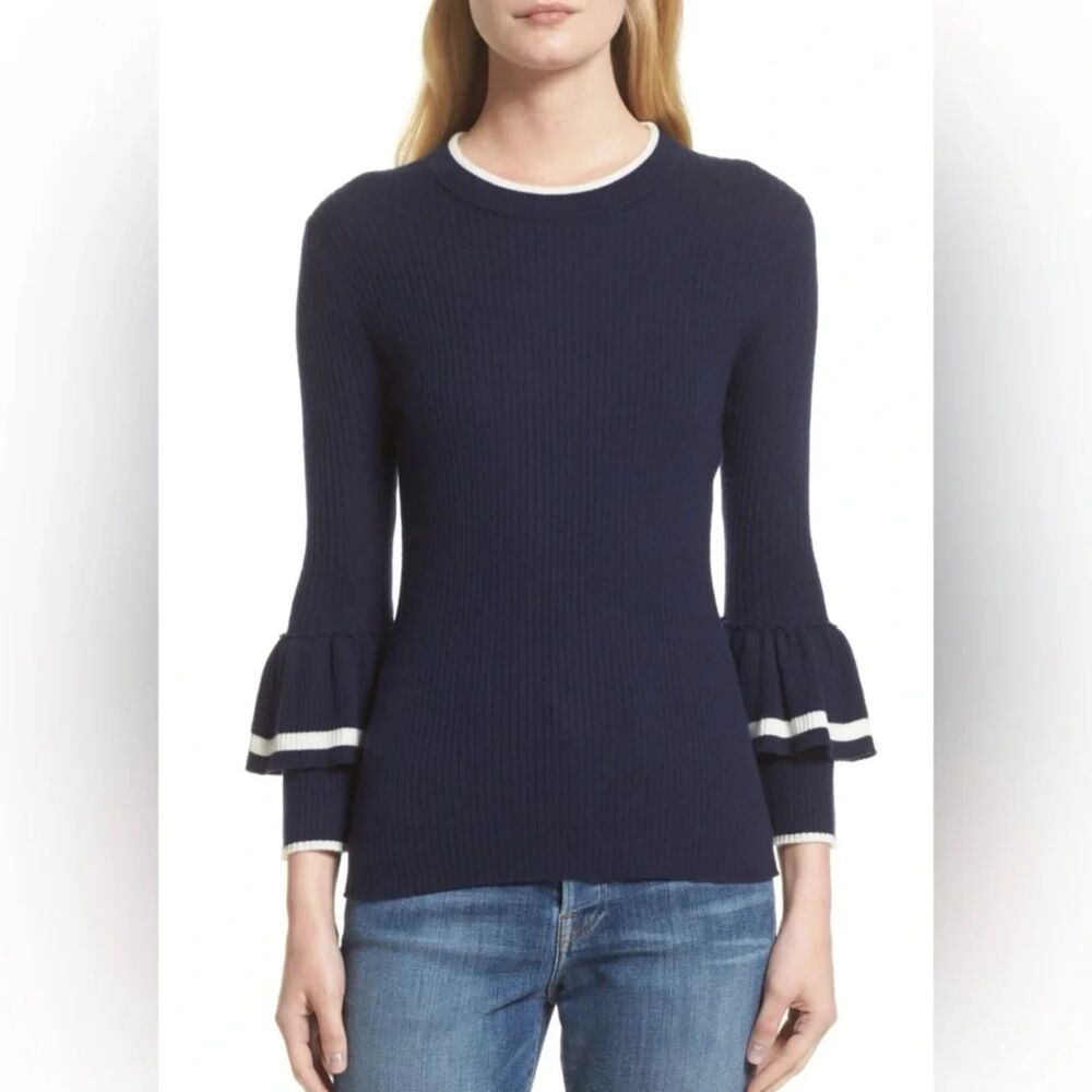 FRAME Double Ruffle-Cuff Rib-Knit Wool Sweater Navy Blue Supersoft Size Small